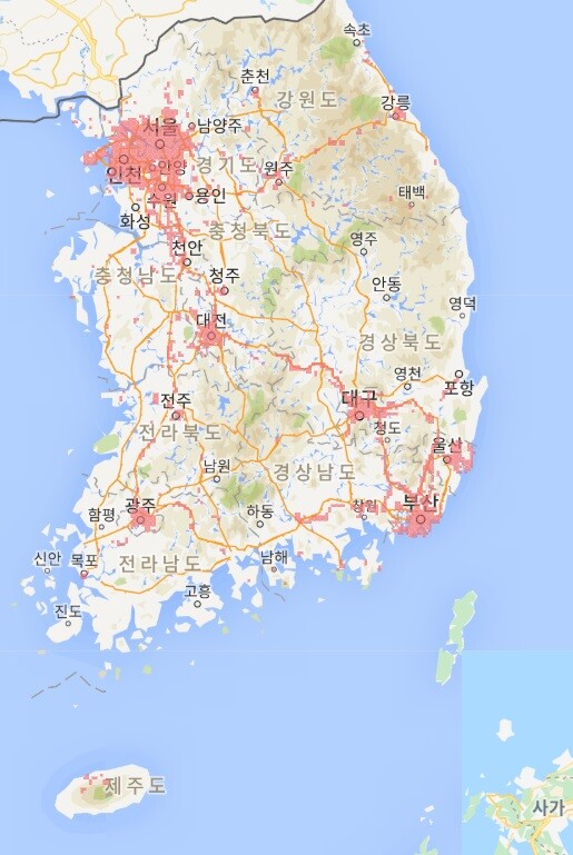지난달 14일 기준 KT의 5G 커버리지 지도. [사진=KT 홈페이지 캡처]