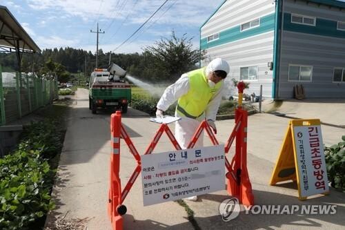 17일 경기도 파주시의 한 양돈농장에서 아프리카돼지열병(ASF)이 발생해 방역 당국이 출입을 통제하 있다. [사진= 연합뉴스]