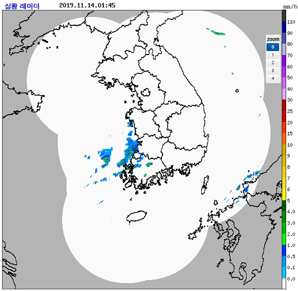 14일 오전 1시45분 현재 레이더 영상. [출처= 기상청 날씨누리]