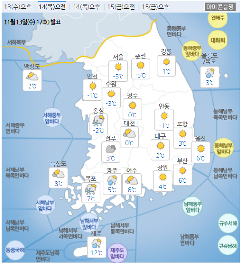수능일인 14일 오전 날씨 예보. [출처= 기상청 날씨누리]