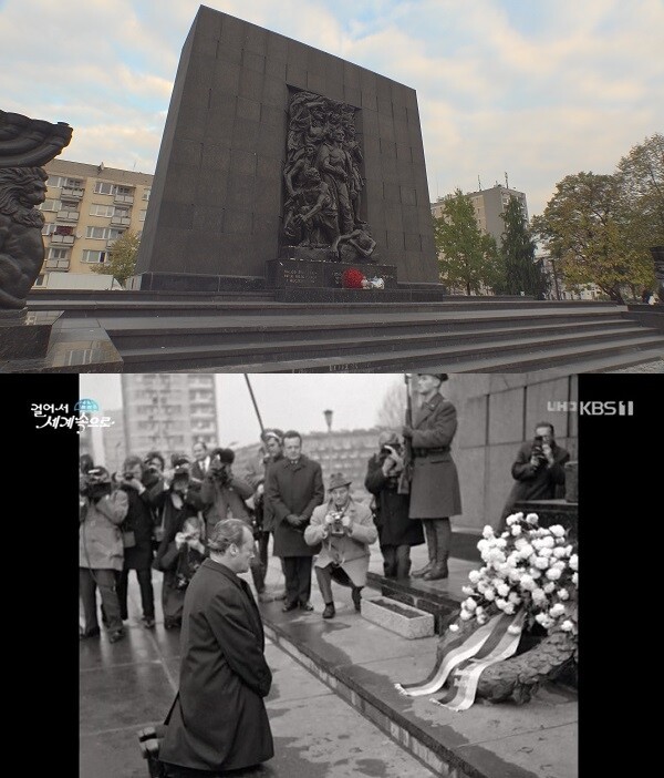1943년 유태인 봉기 희생자들을 추모해 만든 바르샤바 게토 영웅기념비. 1970년 12월 서독의 빌리 브랜트 총리가 이곳을 방문해 무릎을 꿇었다. [사진= KBS 1TV '걸어서 세계속으로' ]
