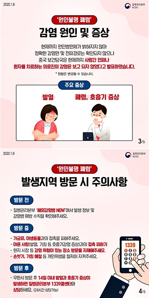 중국 후베이성 우한시 원인불명 폐렴 발생 카드 뉴스. [출처= 질병관리본부]
