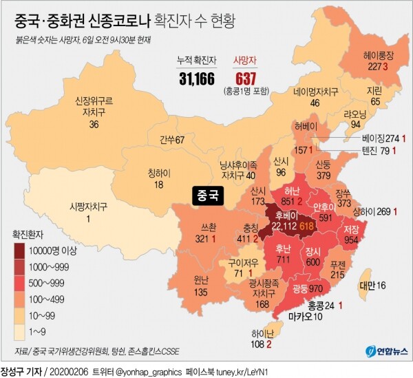 중국·중화권 신종코로나바이러스감염증 확진자수 현황. [그래픽= 연합뉴스]