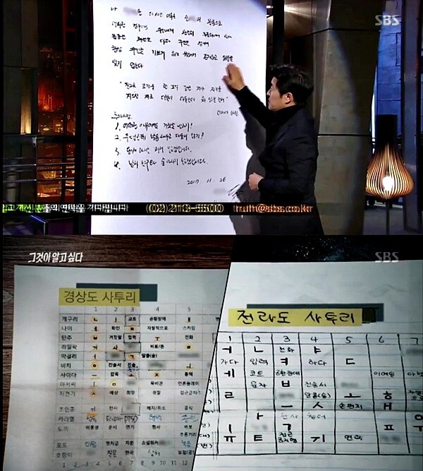 8일 밤 방송된 SBS '그것이 알고싶다'는 미국 내슈빌 유명 한인 프로듀서의 여자친구 감금폭행사건의 진실을 추적해 ’그루밍(Grooming·길들이기)' 범죄라는 결론에 이르렀다. 그루밍 범죄는 가해자가 피해자에게 호감을 얻거나 돈독한 관계를 만들어 심리적으로 지배한 뒤 폭력을 가하는 것을 뜻한다. 이날 방송에서 피해자는 제작진과의 인터뷰에서 가해자가 ‘평생 몸종 계약서’를 쓰도록 했으며, 가해자는 감옥에서도 암호로 피해자에게 증언내용 등을 지시했다고 공개했다. 사진은 진행자 김상중이 ‘평생 몸종 계약서’를 읽는 모습(위 사진)과 감옥의 가해자로부터 온 암호를 푸는 요령이 적힌 해독문(아래)이다. [사진= SBS '그것이 알고싶다‘ 방송 캡처]