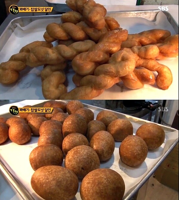 '꽈배기 찹쌀도넛 달인'의 꽈배기(위)와 팥소 가득한 찹쌀도넛. 달인은 기름맛과 밀가루맛이 안나는 꽈배기를 만드는데 야콘, 올방개묵, 당귀, 누룽지, 사과채, 호두처럼 생긴 가래나무 열매, 들기름, 굵은 소금 등 복잡한 레시피를 사용해 반죽을 만들었다. 찹쌀도넛의 팥소를 위해서도 말린 밤인 '황율'을 팥과 섞었다. [사진= SBS '생활의 달인' 방송 캡처]