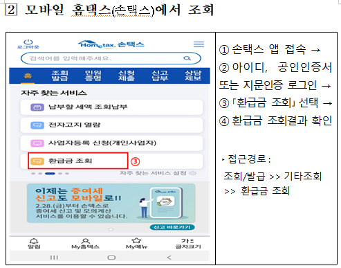 미수령 국세환급금 모바일 홈택스 조회방법. [출처= 국세청]