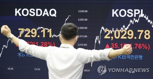 코스피가 두 달 반 만에 2000선을 회복한 26일 오후 서울 여의도 KB국민은행 딜링룸에서 직원이 업무를 보고 있다. [사진= 연합뉴스]