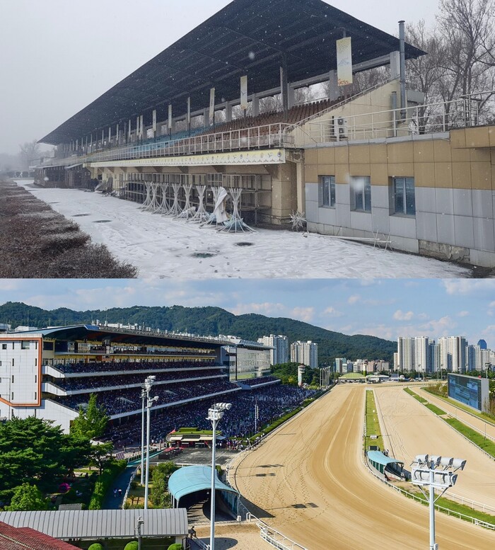 알마티경마장(사진 위), 한국마사회 서울경마공원(사진 아래).(사진=한국마사회)