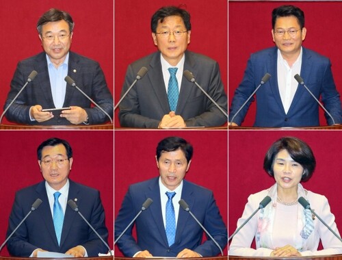 더불어민주당 소속 윤호중 국회 법제사법위원장(윗줄 왼쪽부터), 윤후덕 기획재정위원장, 송영길 외교통일위원장, 민홍철 국방위원장(아랫줄 왼쪽부터), 이학영 산업통상자원중소벤처기업위원장, 한정애 보건복지위원장이 15일 국회 본회의에서 각각 당선인사를 하고 있다. [사진= 연합뉴스]