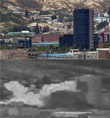 2019년 5월 파주 도라 전망대에서 바라본 개성공단 내 남북공동연락사무소 일대의 모습(위)과, 북한이 공동연락사무소를 폭파한 뒤 화염이 일어나고 있는 모습(아래). [위 사진= 연합뉴스, 아래 사진= 국방부 제공]
