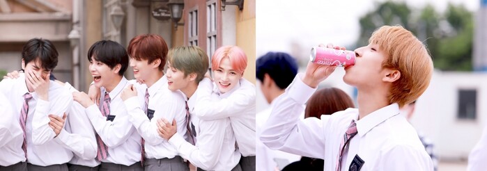 (왼쪽) 오라떼 촬영 현장에서 더보이즈 멤버들이 즐거워하고 있다. (오른쪽) 촬영 쉬는 시간 더보이즈 반장 '상연'이 오라떼를 마시고 있다.(사진=동아오츠카)