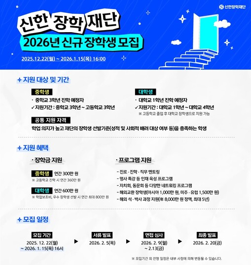 신한장학재단, ‘2026 신규 장학생...